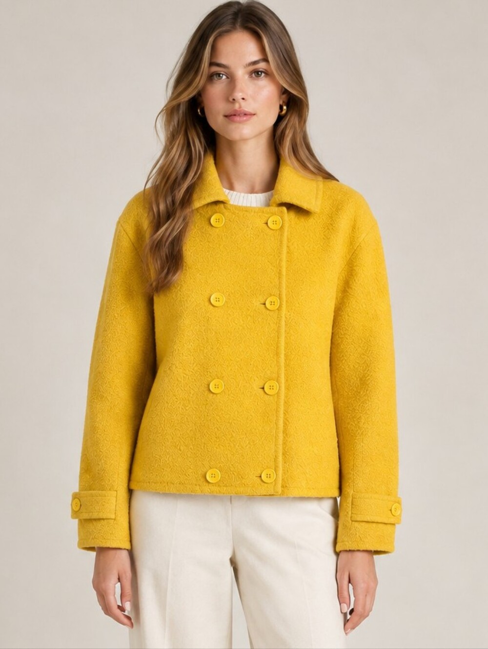 Vintage Liz Clairbone 100% Wool Yellow Doble-breasted Pea Coat Old Money Classic